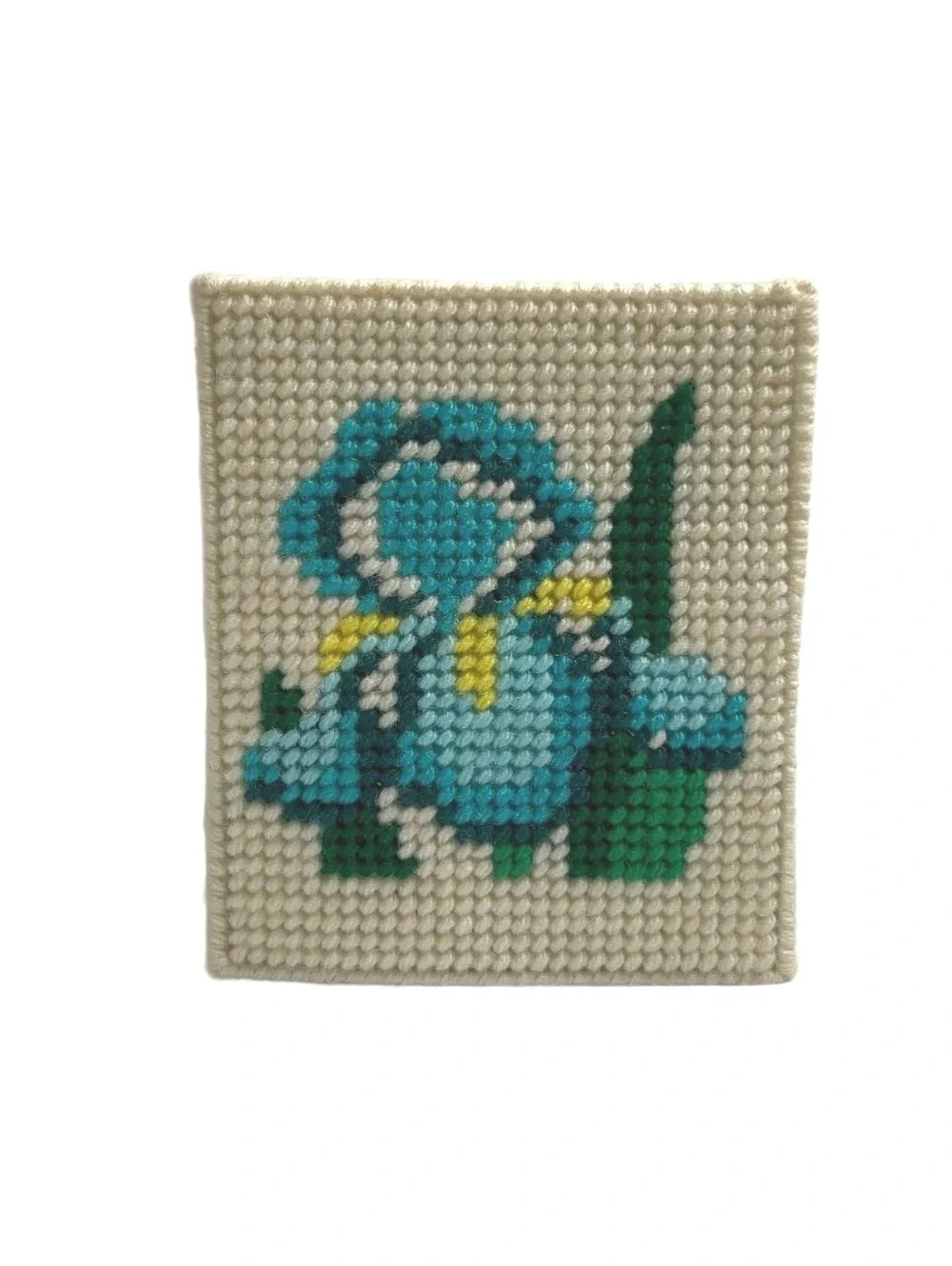 Vintage Handmade Needlepoint Tissue Box Cover with Blue Floral Design